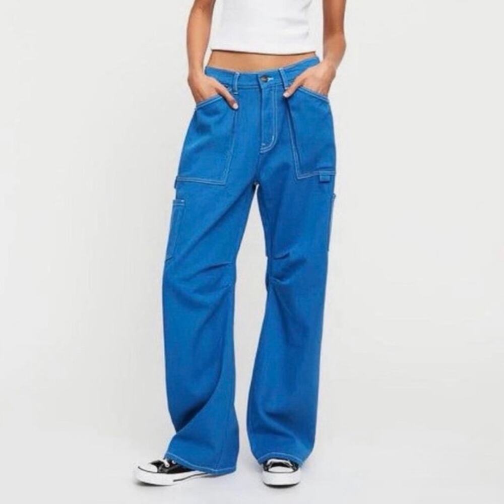 Lioness Miami Vice Cargo Jeans Women’s Small Blue Wide Leg Baggy Utility EUC